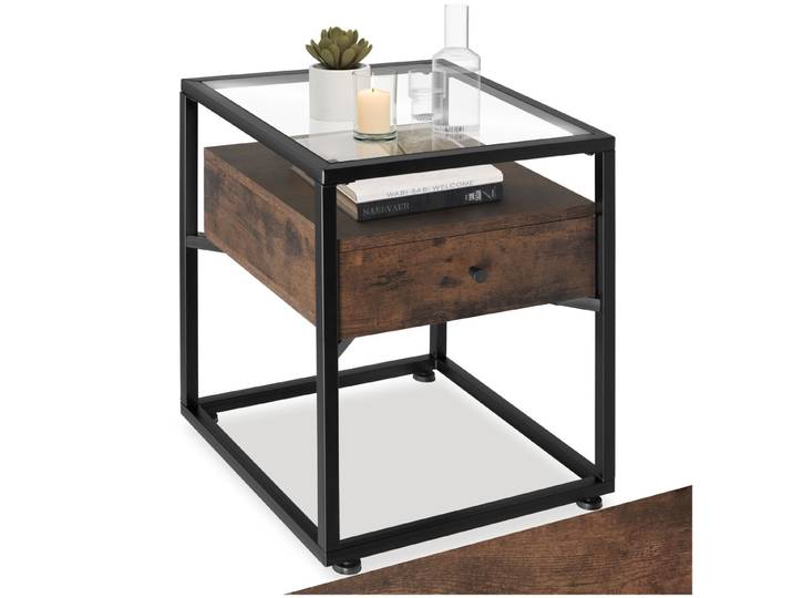 Table de chevet Preston 43x45x54,5cm - Bois foncé industriel, rustique