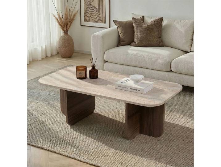 Table basse design organique décor travertin et noyer MARFA