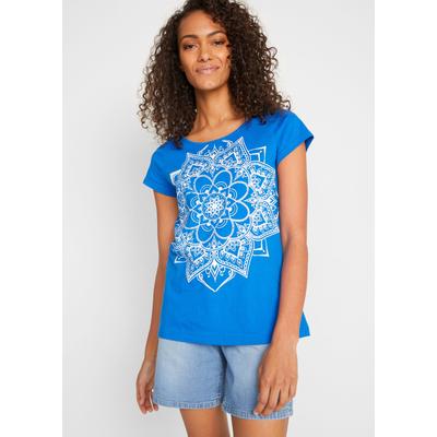 T-Shirt BONPRIX, Damen, Gr. 40/42 (M), blau (azurblau graphisch bedruckt), Jersey, Obermaterial: 100% Baumwolle, bedruckt, unifarben, gerade Po-bedeckend, Rundhals, Shirts T-Shirt, gerade Passform, Kurzarm, mit dekorativem Druck, aus Baumwolle
