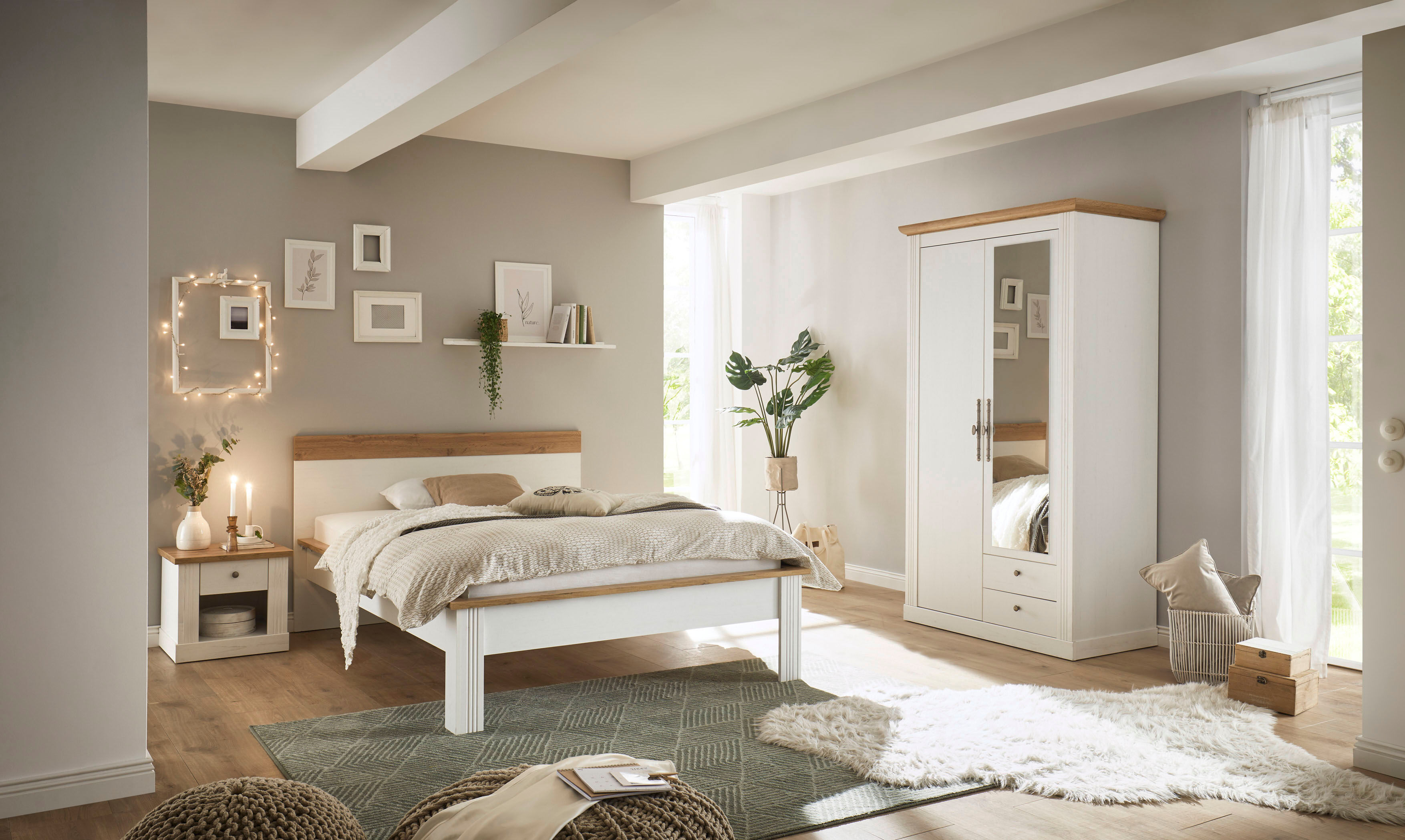 Schlafzimmer-Set OTTO HOME "Westminster", weiß, B/H: 140cm x 200cm, Schlafzimmermöbel-Sets, Schlafzimmer-Set, beinhaltet 1 Bett, Kleiderschrank 2-türig und 1 Nachtkommode