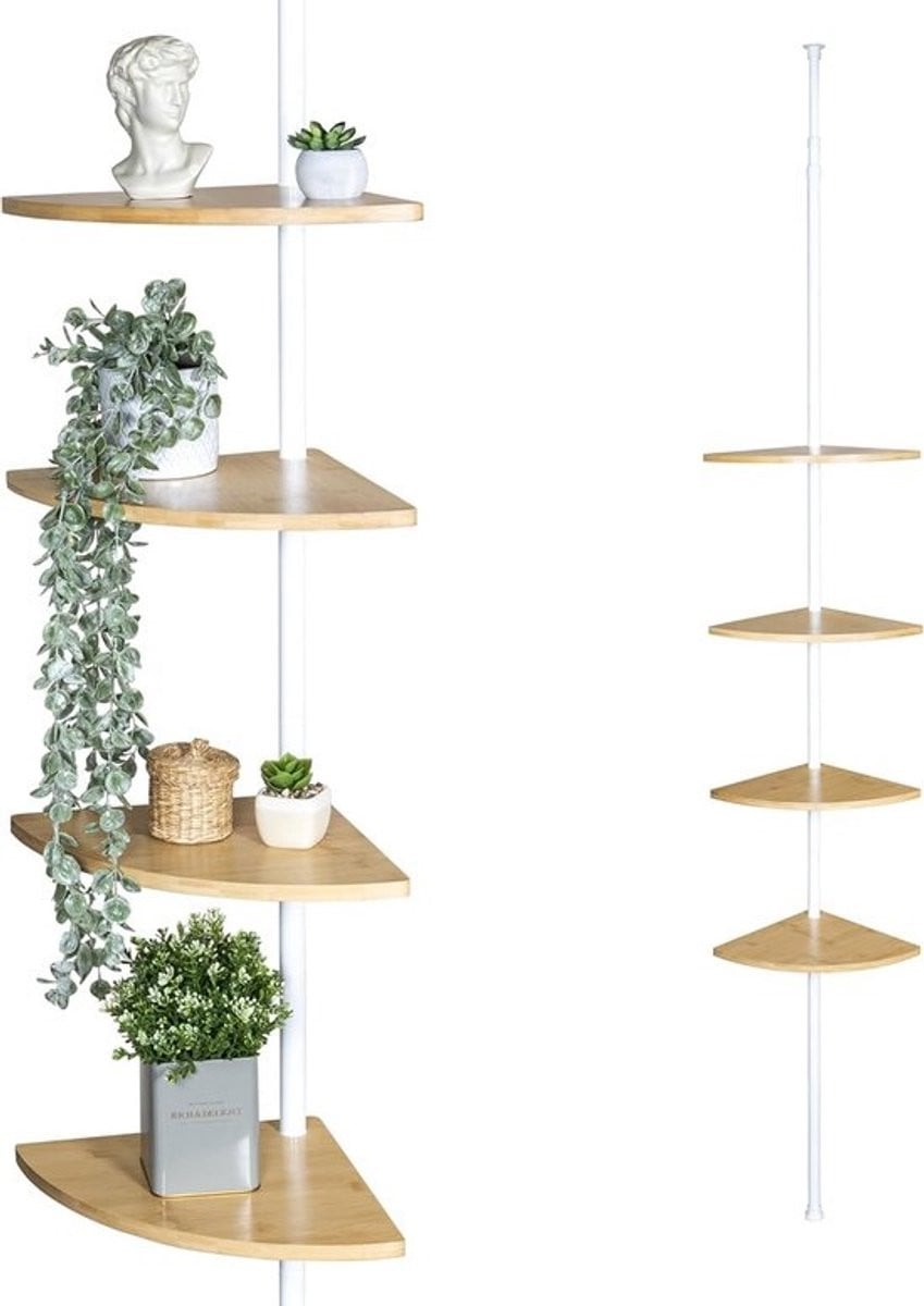 Telescopische Hoekplank met 4 Verstelbare Bamboe Planken voor de Badkamer, Keuken of Woonkamer