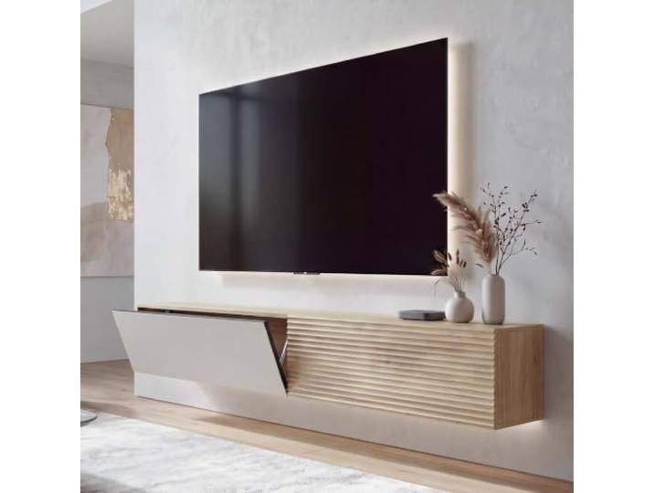 Mendler TV-Rack HWC-Q84, Wandmontage 30x160x30cm - Eiche-Optik Lowboard, TV-Schrank, Klappfächer, 3D-Struktur, MDF, Melamin