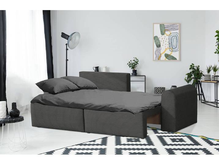 Ecksofa Runer mit Schlaffunktion Schwarz Cordstoff Poppy 250 x 94 x 151cm Longchair beidseitig montierbar Modern
