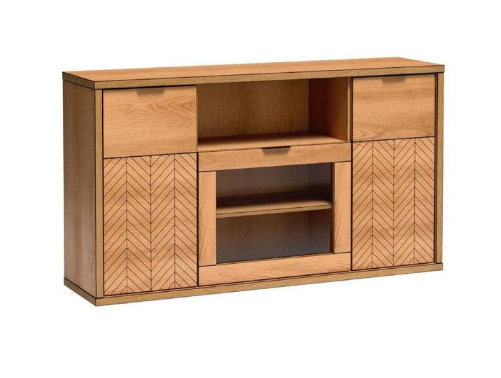 Beautysofa Kommode FUN F-4 mit Vitrine, 3 Türen und Regal, Fischgrätfront & Metallfüße optional