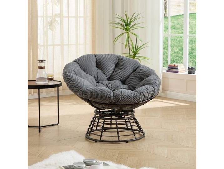 Fauteuil Rond Osier 92x92x67cm pivotant 360° Coussin Velours Gris Confortable Usage Intérieur Et Extérieur Design Pratique