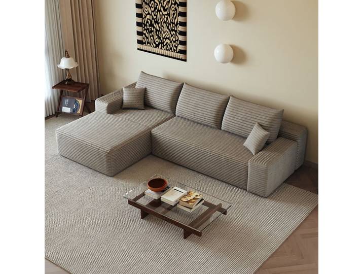 Canapé d'angle modulable compressé avec chaiselongue gauche sans montage tissu corduroy camel