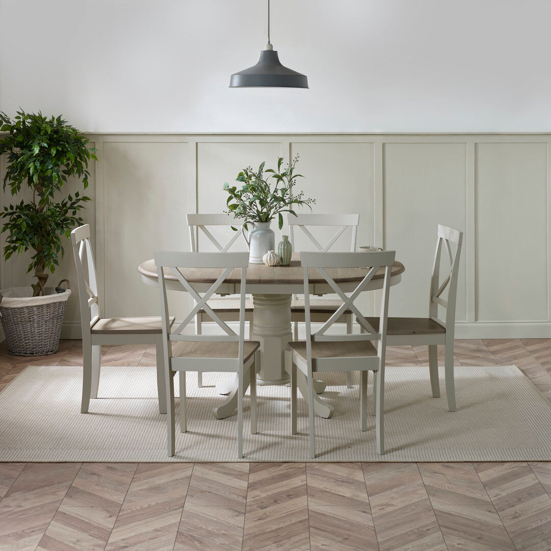 August Grove Prestow Round Extending Dining Table & Shannondale Chairs - Rustic Farmhouse Kitchen White/Grey 6