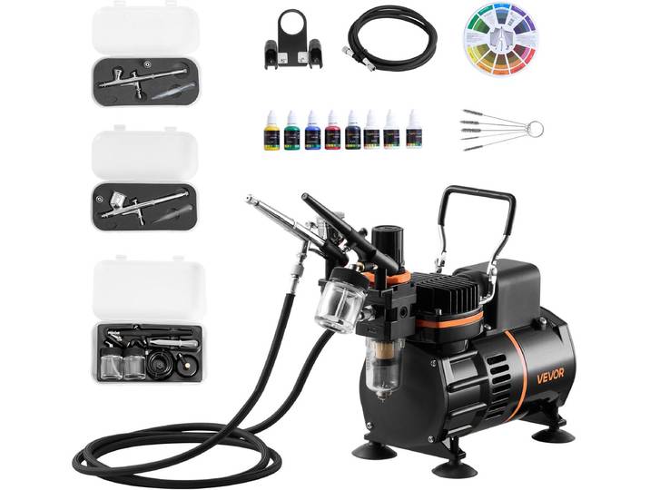 VEVOR Airbrush Pistoolset Luchtcompressor met Slang 2 Ventilatoren 3 Nozzles