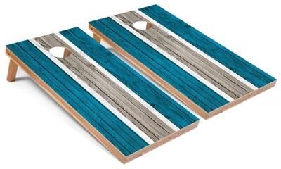 Skip's Garage Solid Wood Cornhole Boards - Turquoise Stripes Design
