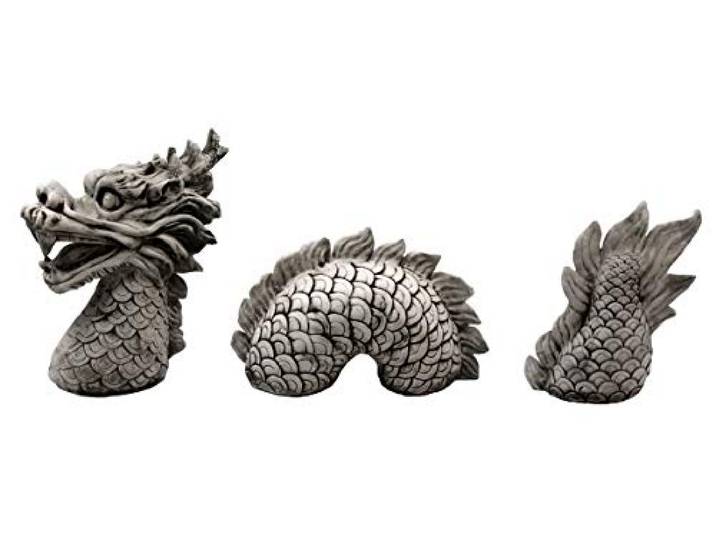 gartendekoparadies.de 3-teiliger chinesischer Drachen, Steinfigur, H. 61 cm, 90 kg, Grau, frostsicher aus Steinguss für Außenbereich