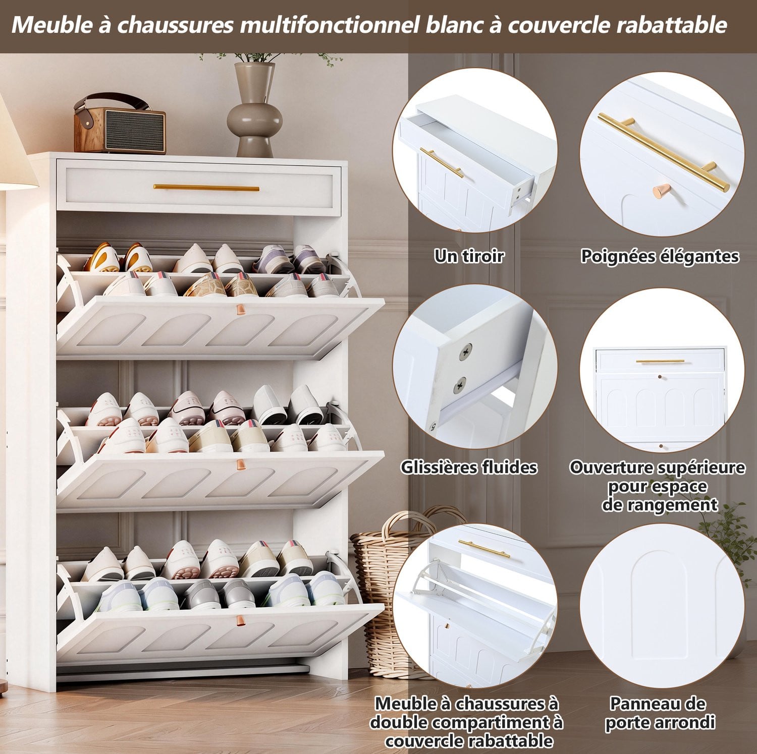 CHICFURN Schoenenkast met deuren en laden, Wit, MDF