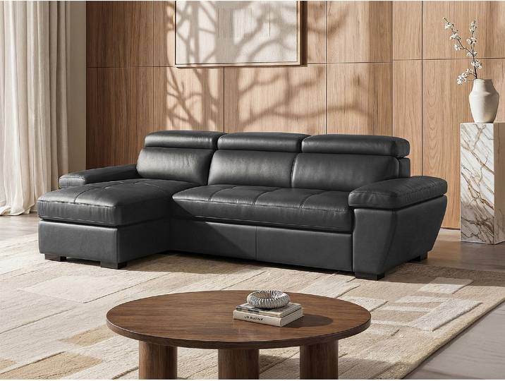 Ecksofa Leder mit Schlaffunktion - Ecke Links - Anthrazit - JONOVA, hochwertiges Rindsleder, 3 Kopfstützen, Bettkasten, für 4 Personen