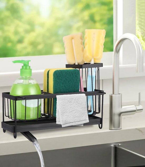 Unyqoos Spoelbakorganizer voor keuken en badkamer met automatische afvoer en handdoekhouders, koolstofstaal, B: 22,5 cm, D: 8,5 cm, H: 16 cm