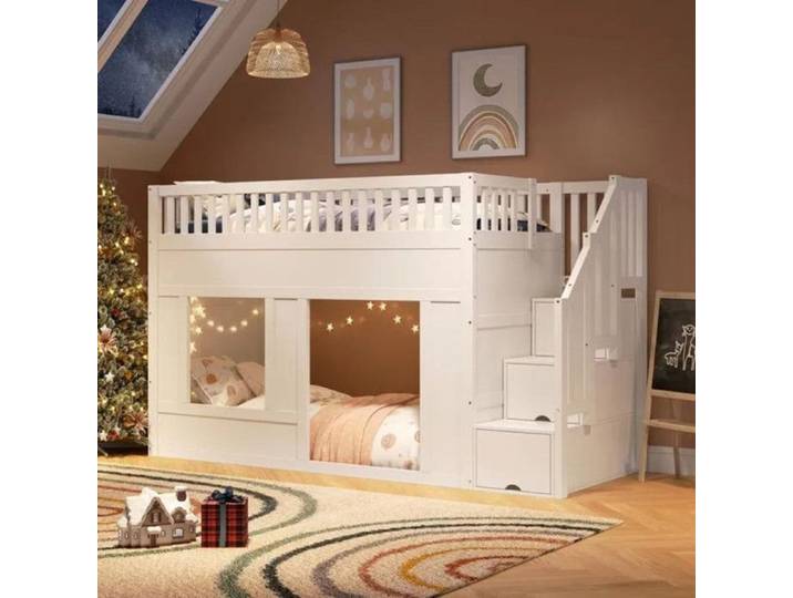 lit superposé 90 x 200 cm lit d'enfant multifonctionnel avec armoire-escalier espace de jeu modulable en dessous blanc