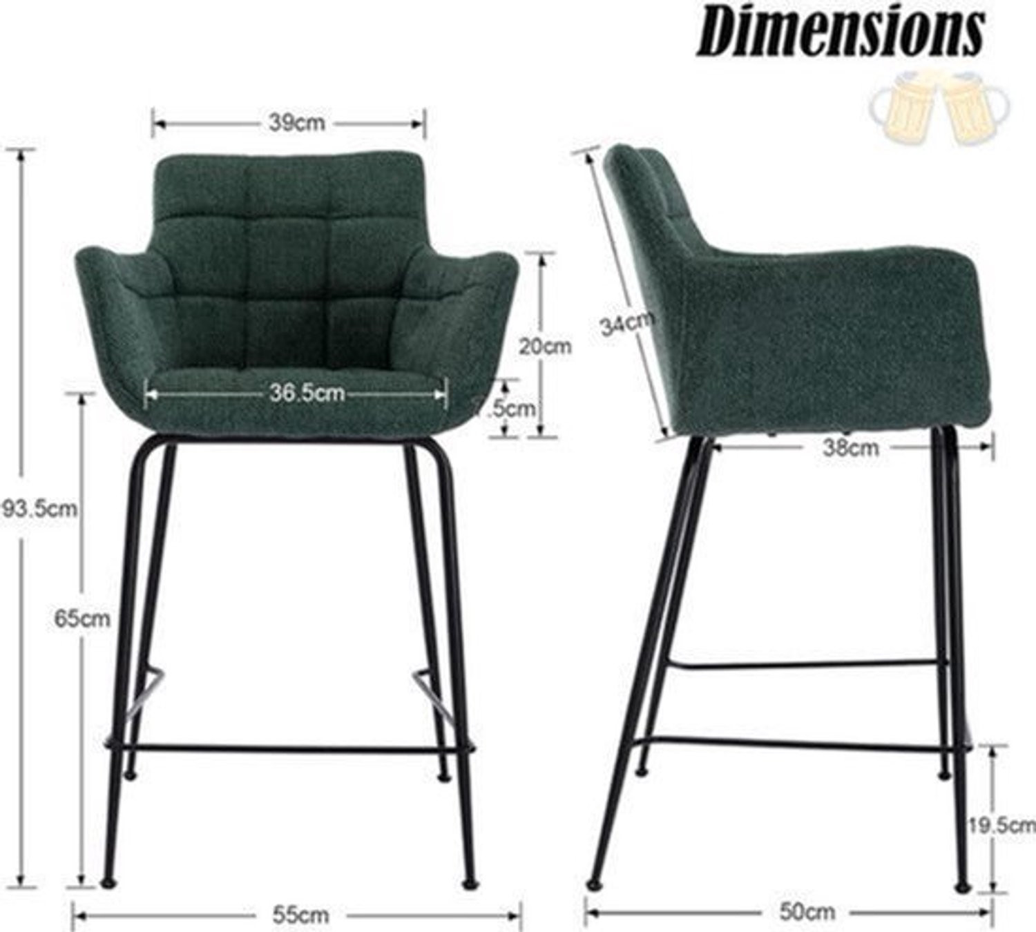 Set van 2 moderne barkrukken met ademende slijtvaste stof en ergonomisch ontwerp met voetsteun