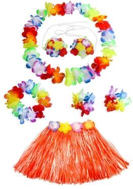 Uplift Picks Colorful Kids Hawaiian Luau Costume Set With Grass Skirt Party Accessories orange (6 Pcs)