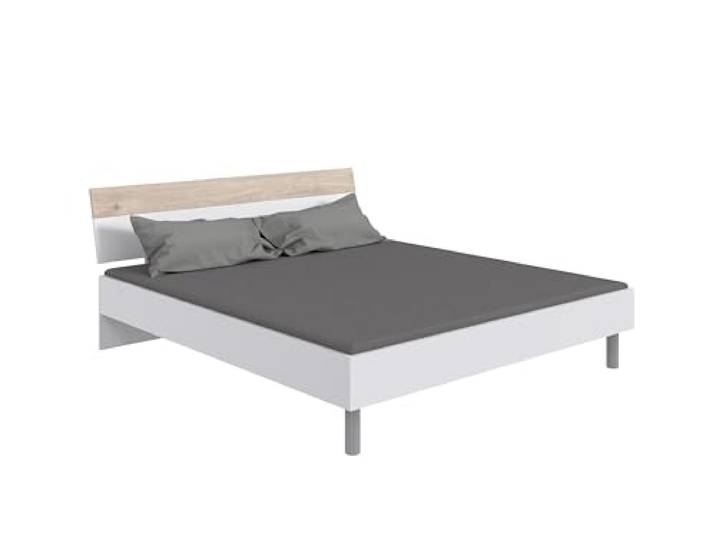 möbelando Bett >Budapest< in Weiß mit Hickory Oak Nachbildung – 169x81x210 cm, Höhenverstellbar, Belastbarkeit bis 160 kg, Made in Germany, zerlegt geliefert in Zwei Paketen