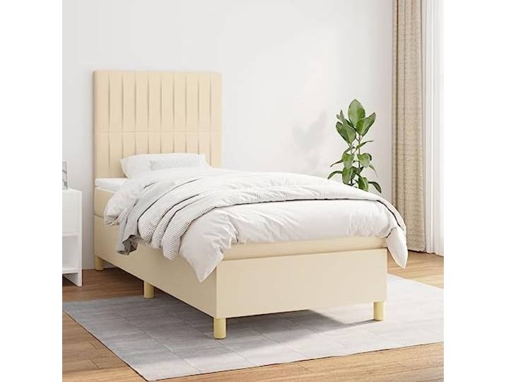 Boxspringbett mit Matratze Creme 80 x 200 cm aus Stoff Kopfteil höhenverstellbar, Taschenfedern, weißer Matratzenschoner, mittelharte Unterstützung, Stoff 100 % Polyester