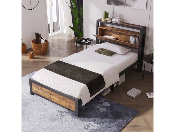 Lit métal noir 90x200cm tête rangement lattes enfant ado adulte