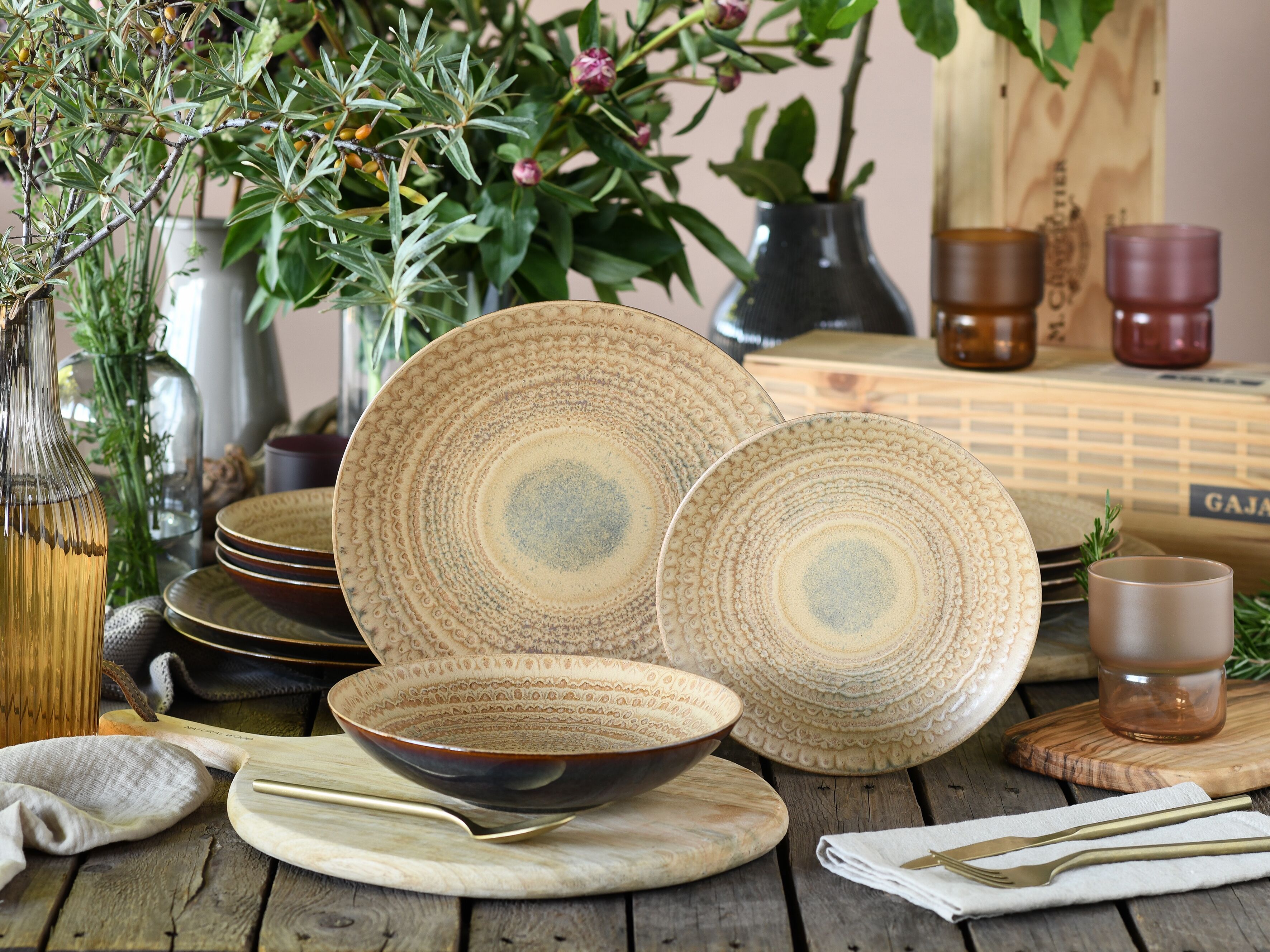 Teller-Set CREATABLE "Neapel, Service 12-tlg.", beige (sand), 12, Steinzeug, Geschirr-Sets, Teller-Set, Teller Set, Edles Tellerset, Vulkanoptik