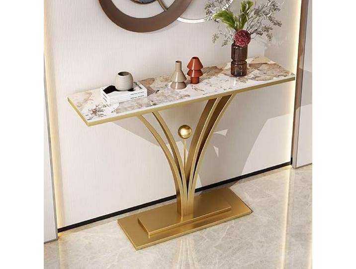 Konsolentisch Schmal Mit Sinterstein-Platte & Metallgestell Für Flur Sinterstein-Platte, Hitzebeständig, Kratzfest, Metallgestell, Schmaler Flurtisch(Gold+Mix,47.2inW/120cm)