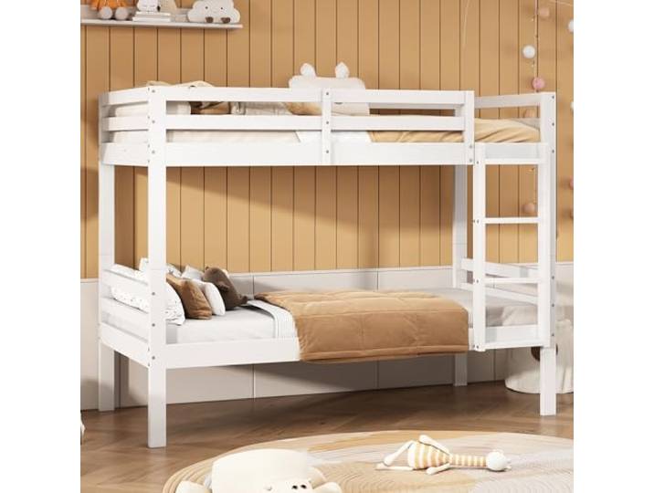 Etagenbett für Kinder,Bett aufgeteilt in 2 Einzelbetten,Weiß, 90x200cm Kinderbett mit dreistufiger Winkelleiter und Absturzsicherung,Jugendbett, Einzelbett, Rahmen aus Kiefer