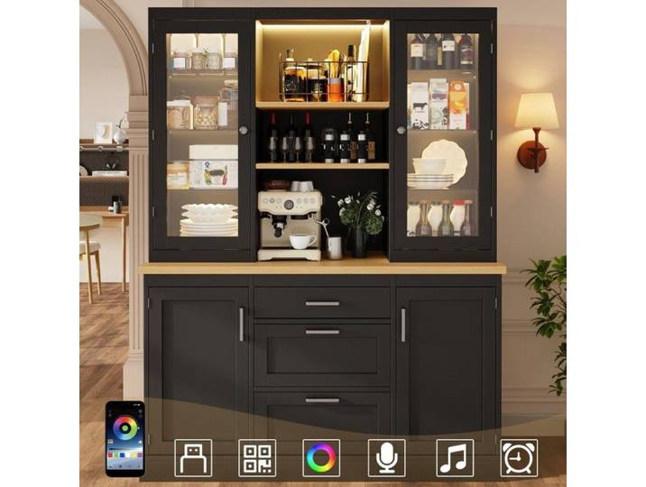 Buffet de Cuisine Noir 140x40x185cm LED Contrôlable App 3 Tiroirs Plan de Travail Étagères Réglables