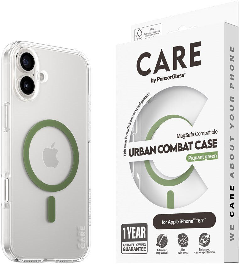 CARE by PanzerGlass iPhone 16 Plus FLAGSHIP Urban Combat Cover - MagSafe Kompatibel - Transparent / Piquant Green