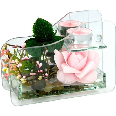 Kunstpflanze I.GE.A. "Rose im Glas mit Teelicht", rosa, B:16cm H:11cm T:6cm, Glas, Kunststoff, Polyester, Kunstpflanzen, Kunstpflanze