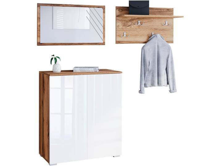Garderoben-Set GOODPRODUCT PARIS/ TOKYO , weiss (votan eichefarben, weiß hochglanz), B:150cm H:80cm T:35cm, Kastenmöbel-Sets, Garderoben-Set, Kompaktgarderobe Breite 150cm mit Spiegel für Ihren Eingangsbereich