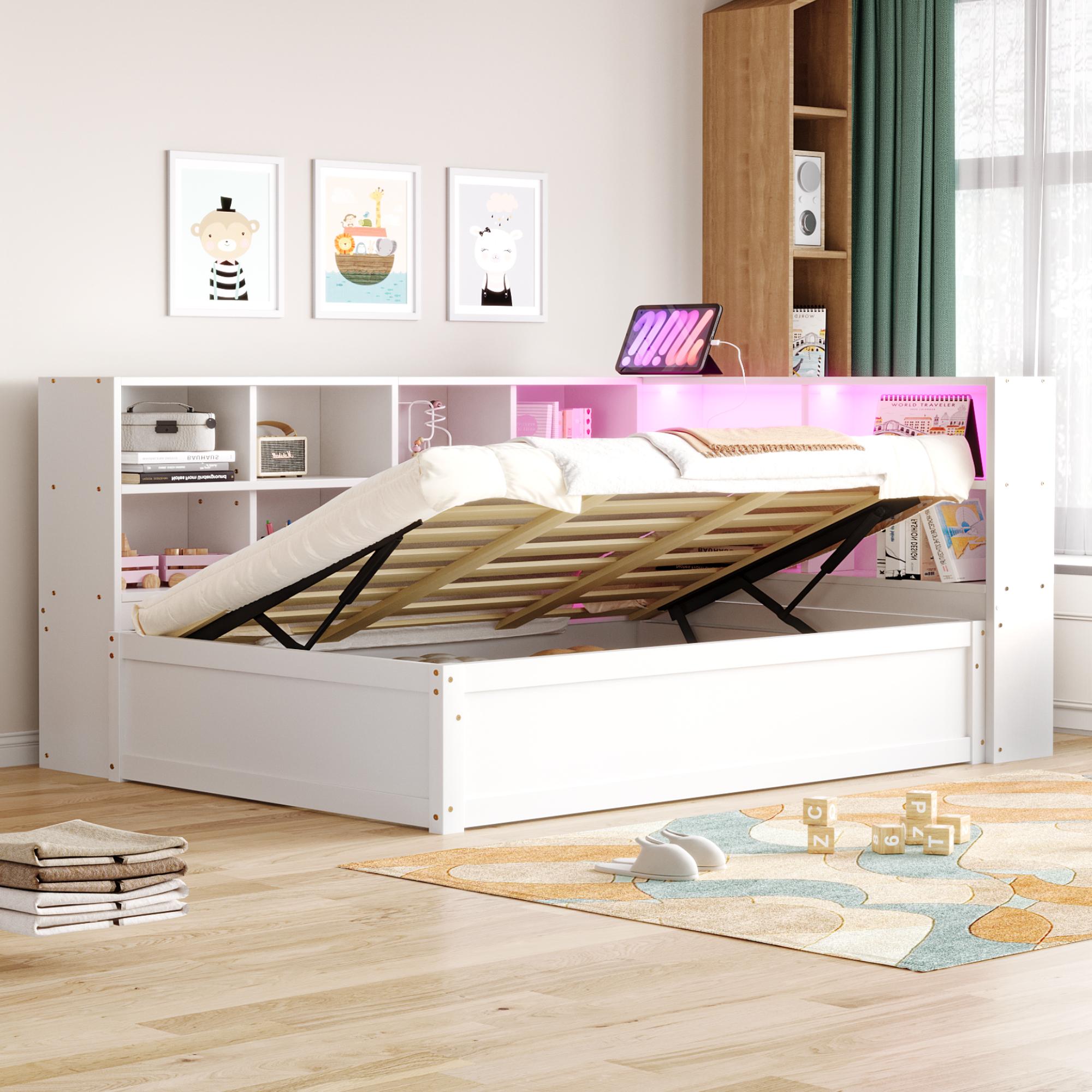 Schlafsofa 90*200, mit Mehrfachsteckdose und mehreren Staufächern, mit Lichtleiste, hydraulisches Bett, Massivholzbett, Einzelbett