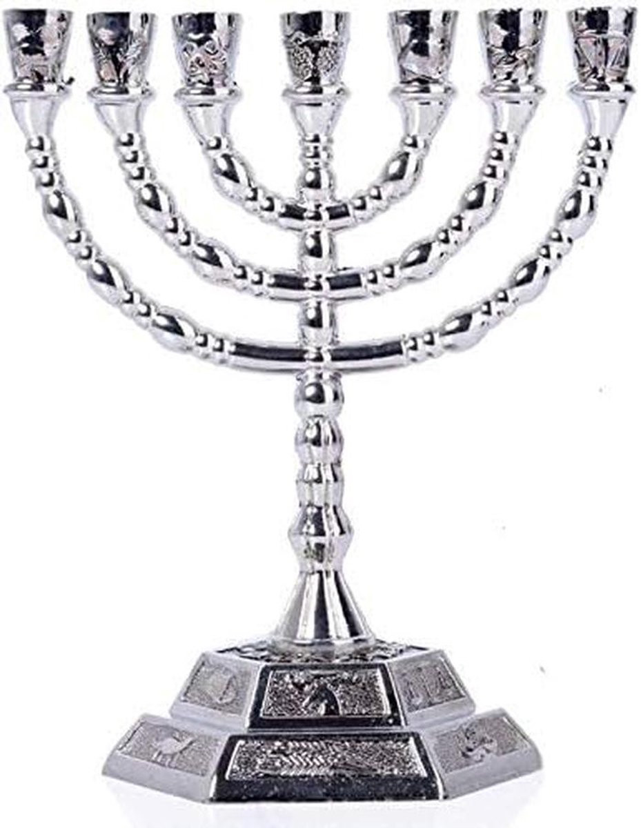 Verzilverde Menorah met 7 takken en de 12 stammen van Israël, 20 cm