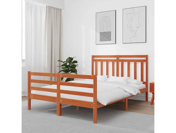 RJPLMFV Bettgestell aus massivem Kiefernholz, 150 x 200 cm Modernes Design, Kopfteil inklusive, Lattenrost, braunes Finish