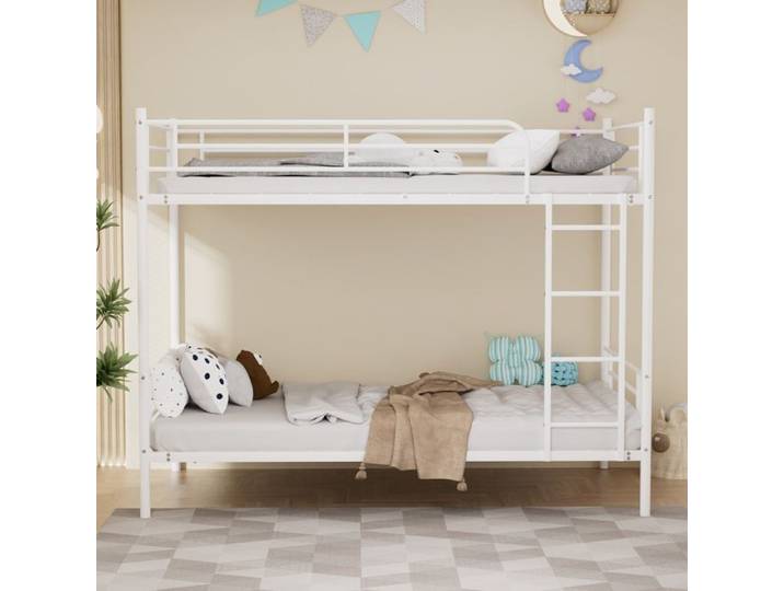 Lit superposé - ZEVKOR - Lit superposé 2 places 90×190 cm - Acier blanc - Sommier inclus - Gain de place