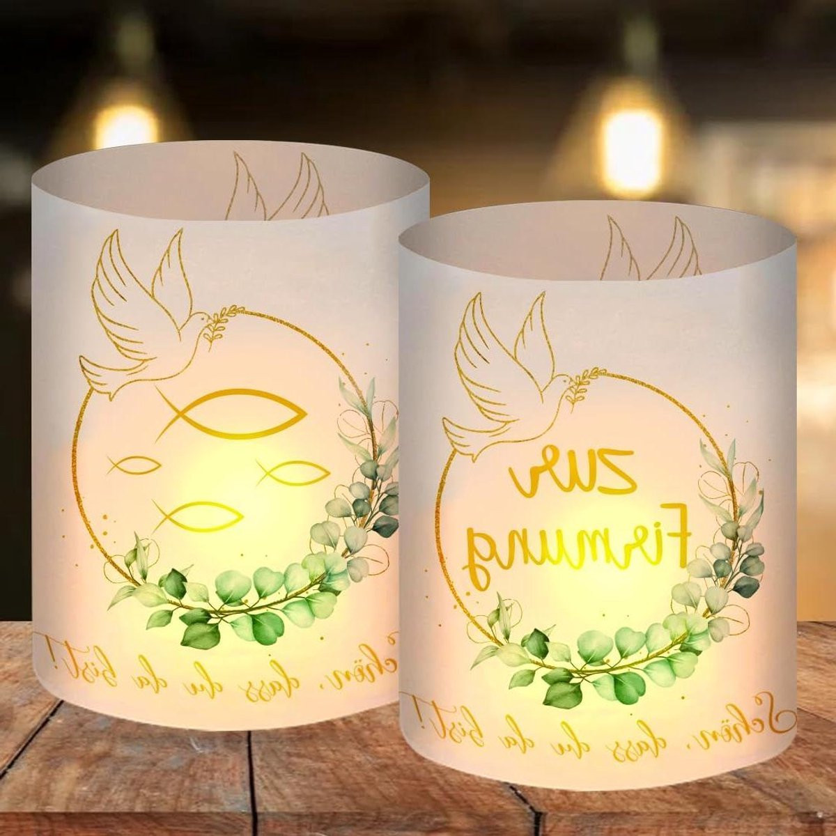 Windlichten met Eucalyptus Krans Design voor Doop, Communie of Vormsel Decoratie