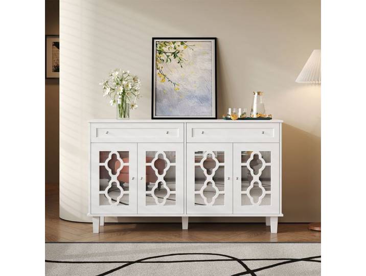 Buffet - SOGEU - 140x40x83 cm - MDF blanc - Portes et tiroirs - Design contemporain