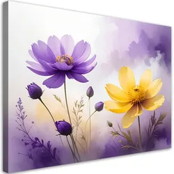 BILD auf Leinwand, Lila und gelbe Blumen in leuchtender Aquarellmalerei