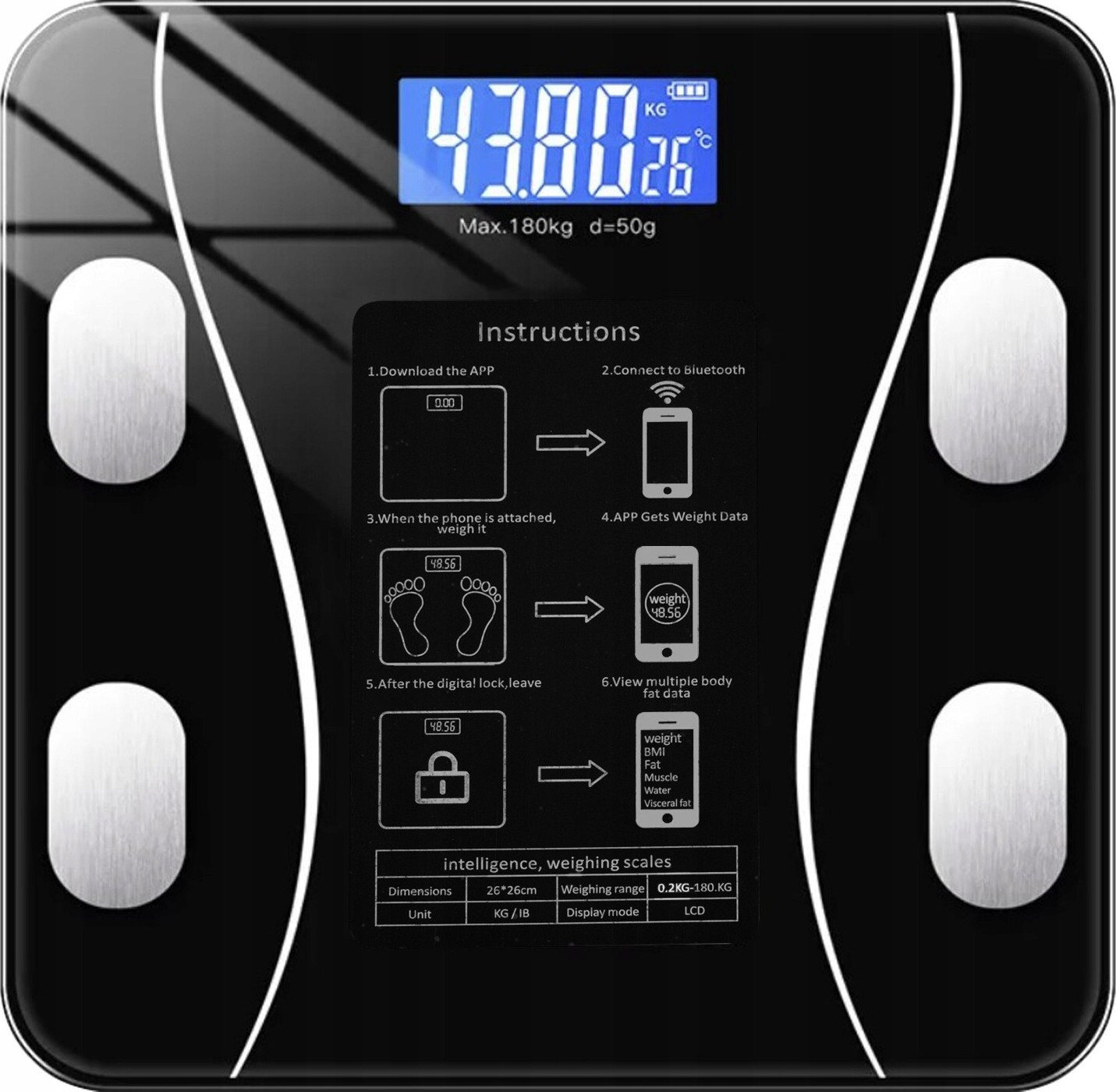 Ruhhy 22525 Analytische personenweegschaal met Bluetooth, 180 kg, zwart