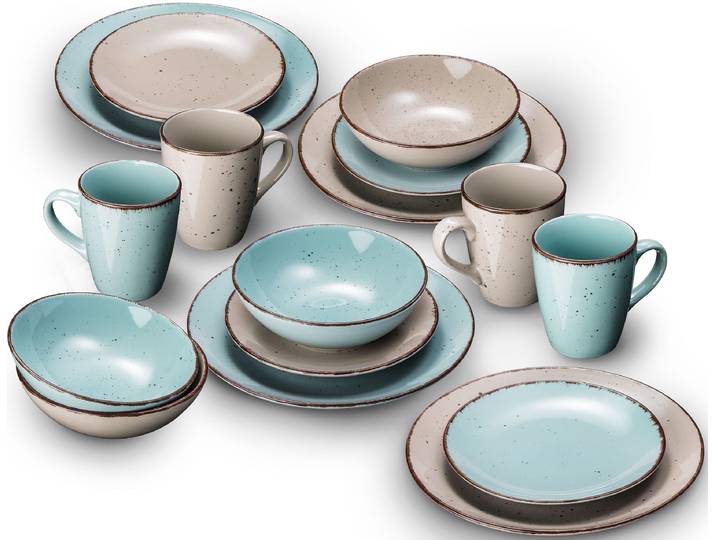 Kombiservice ARTE VIVA Geschirr-Set, Service Puro , blau (türkis, beige), 32, Steinzeug, Geschirr-Sets, Kombiservice, vom Sternekoch Thomas Wohlfarter empfohlen, 32 Teile, für 8 Personen