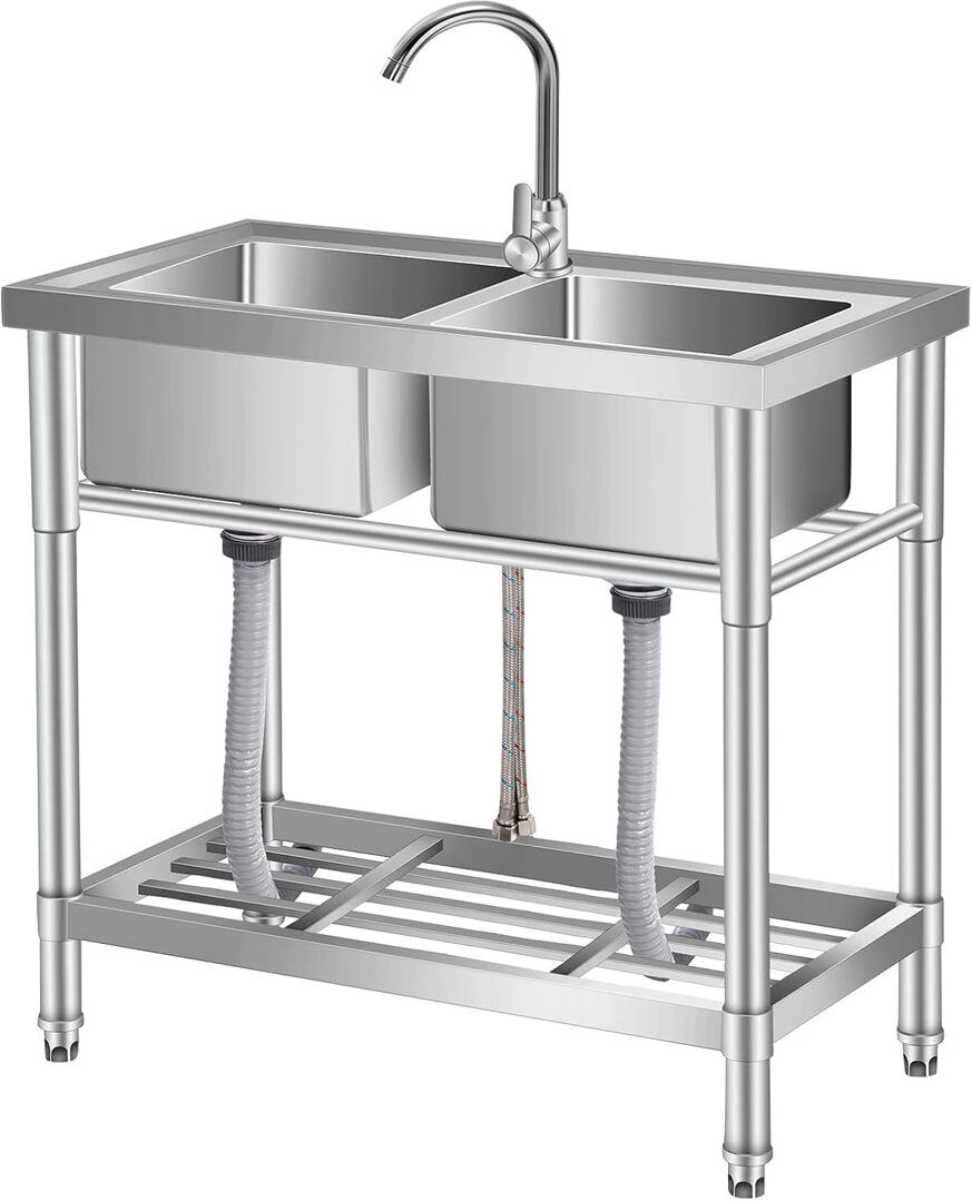 FXSGER Stainless Steel Commercial Kitchen Sink with Storage Shelf   Free Standing Single Bowl Restaurant Prep Sink with Tap, Outdoor Camping Utility Sink wit Brushed Nickel 76.2cm H X 83.8cm L X 45.7cm W