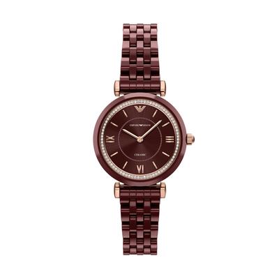 Quarzuhr EMPORIO ARMANI, braun (bordeaux, weinrot), Armbanduhren, Damen, Quarzuhr, Armbanduhr, Keramik, analog, Glassteine