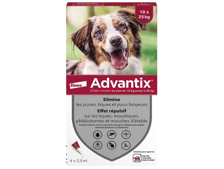 Advantix® Chien moyen – Traitement anti-puces et tiques – 10-25 kg – 4 x 2,5 ml Pipettes