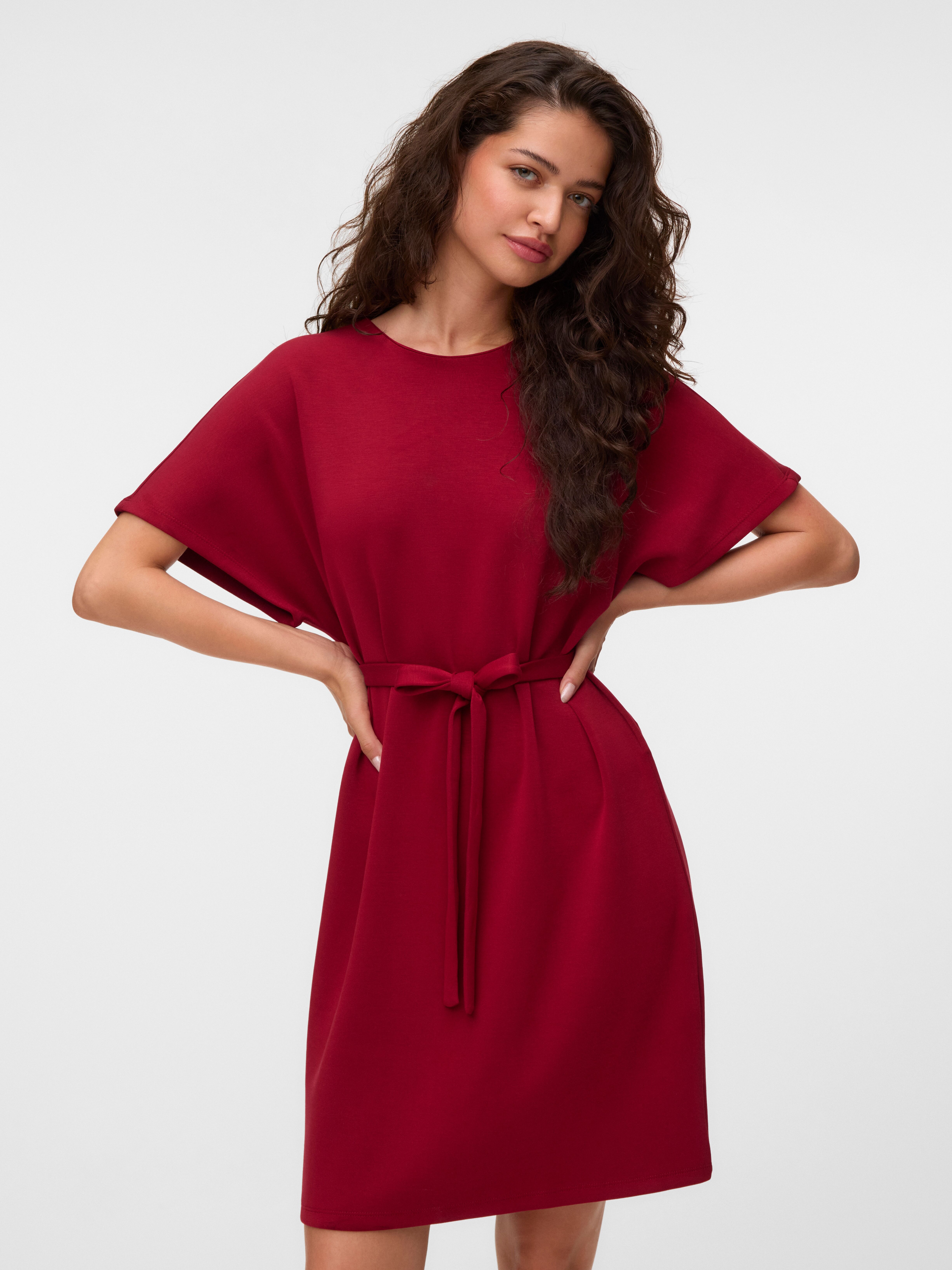 Minikleid VERO MODA "VMELLA 2/4 SHORT DRESS JRS", Damen, Gr. M, N-Gr, biking rot, Obermaterial: 50% Viskose, 45% Polyester, 5% Elasthan, unifarben, regular fit kurz, Rundhals, Kleider Minikleid, Viskosemischung, regular fit biking rot M, N-Gr