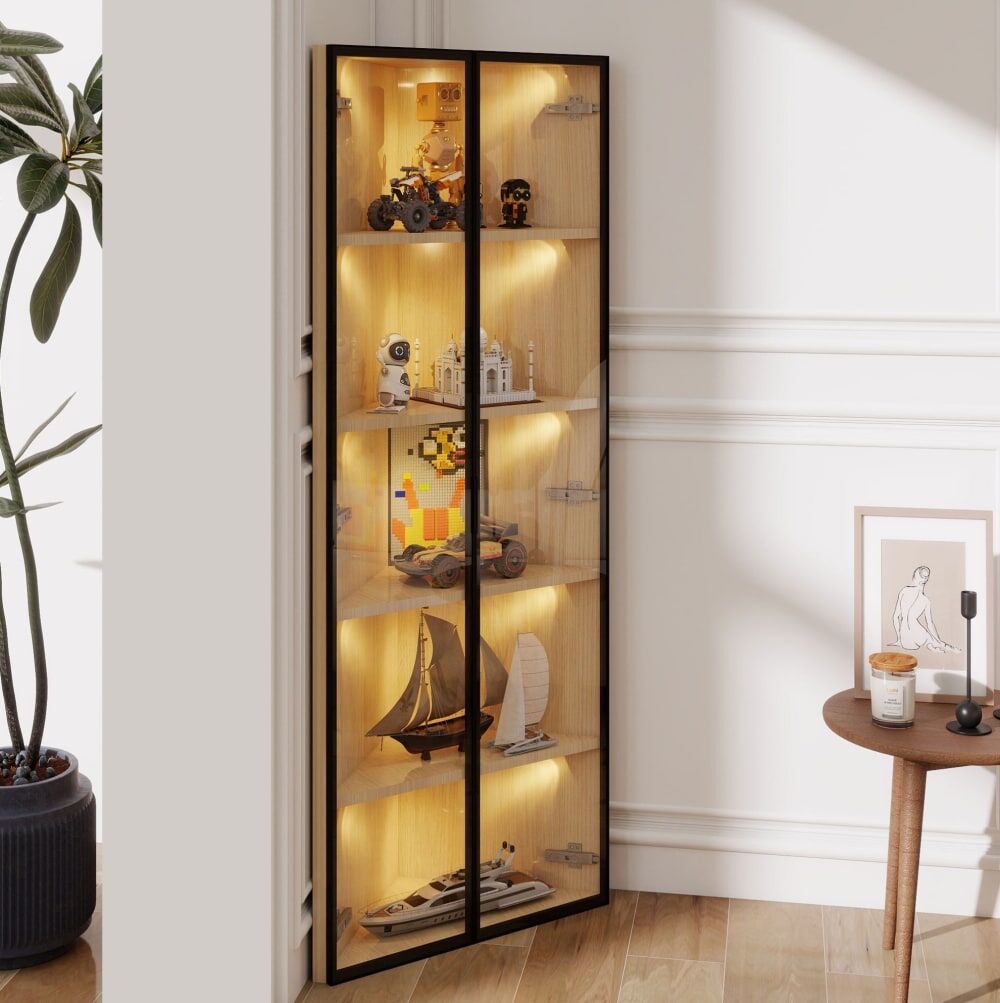 MODFU Vitrine d'angle led 160 cm, verre, mdf effet chêne, noir Marron 62x160x35cm