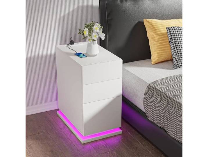 LDSZXNE Table de Chevet a LED Table de Nuit USB en Bois Commode de Chevet pour Chambre à Coucher Salon Bureau Moderne