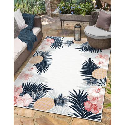 Outdoorteppich "Sunny, LAGERRÄUMUNG", weiß (weiß,cream,multi), B:100cm H:8mm L:160cm, Polypropylen, MYFLAIR MÖBEL & ACCESSOIRES, Teppiche, Outdoorteppich, Blumen Motiv, mit Bordüre, Outdoor geeignet, Balkon, Terrasse