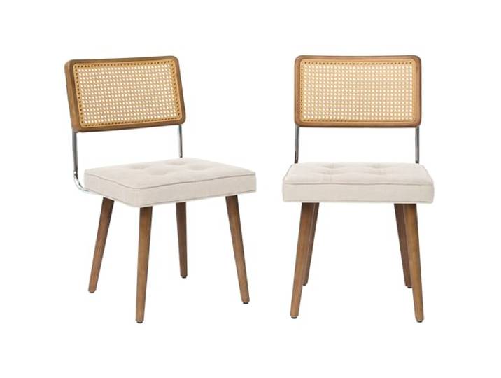 GarveeHome 2er-Set Rattan Esszimmerstühle Tragfähig Bis 150 kg Mid-Century Modern Geflochtene Rückenlehne Leinen-Sitzbezug Massives Holzgestell