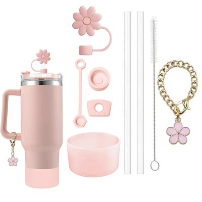 Stanley Cup Accessories Set Spill Proof Stoppers, Straws, Brushes & Flower Charm For Customization pink