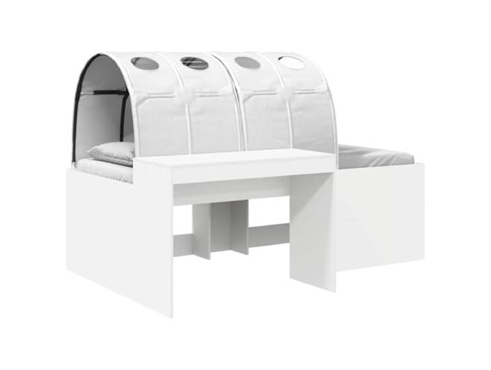 PUGYNBK Loft Bett mit Tunnel und Regal, Weiß, technisches Holz Lattenrost inklusive, platzsparendes erhöhtes Design, atmungsaktives Polyester, für kleine Schlafzimmer