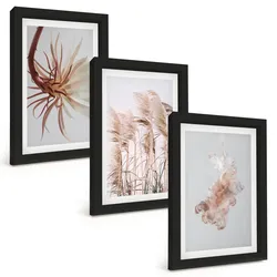 BILDER SET 3er Set - 20x30 cm Schwarzer Rahmen - Set aus Gras, Blumen und hellem Hintergrund